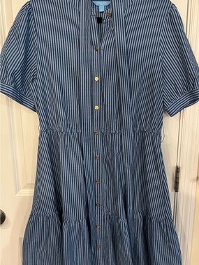 Draper James Blue Striped Button-Front Midi Dress